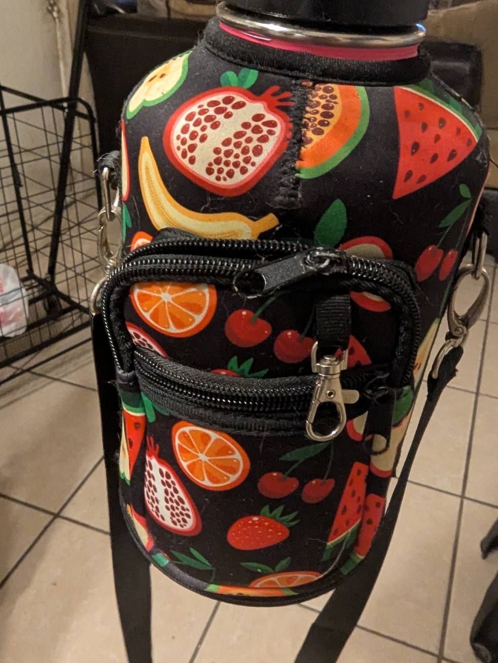 Black Fruit-Print Crossbody Bottle Bag